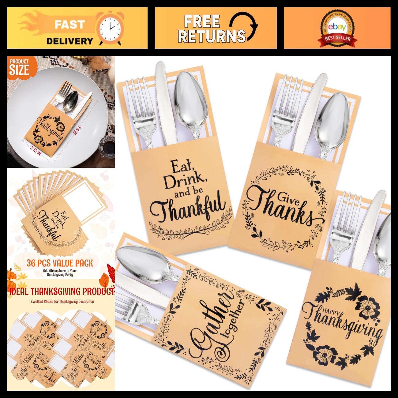 36 PCS Thanksgiving Turkey Cutlery Holders - Gold Foil Utensil Holders for Fall