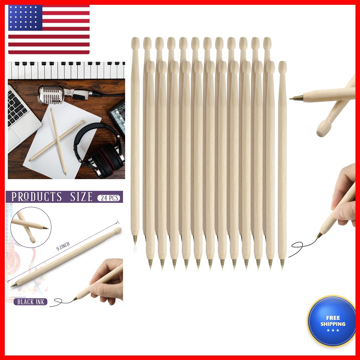 Sayglossy 24 Pcs Wooden Drumstick Ballpoint Pens Drummer Gift