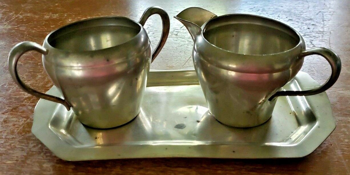 VINTAGE FEDERAL SOLID PEWTER CREAMER, SUGAR AND TRAY SET 