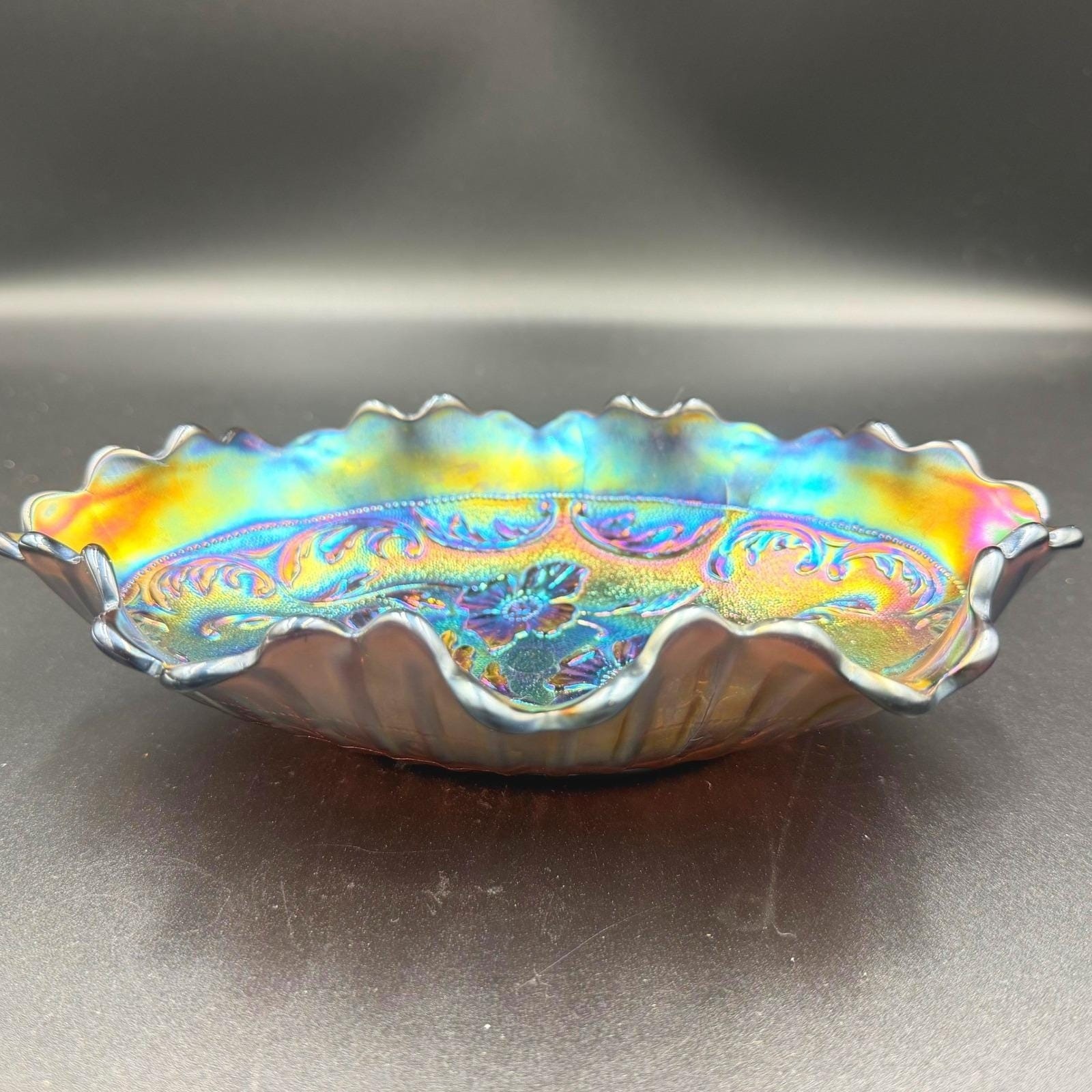 Antique Northwood Poppy Carnival Glass Ruffled Oval Pickle Dish Amethyst Purple