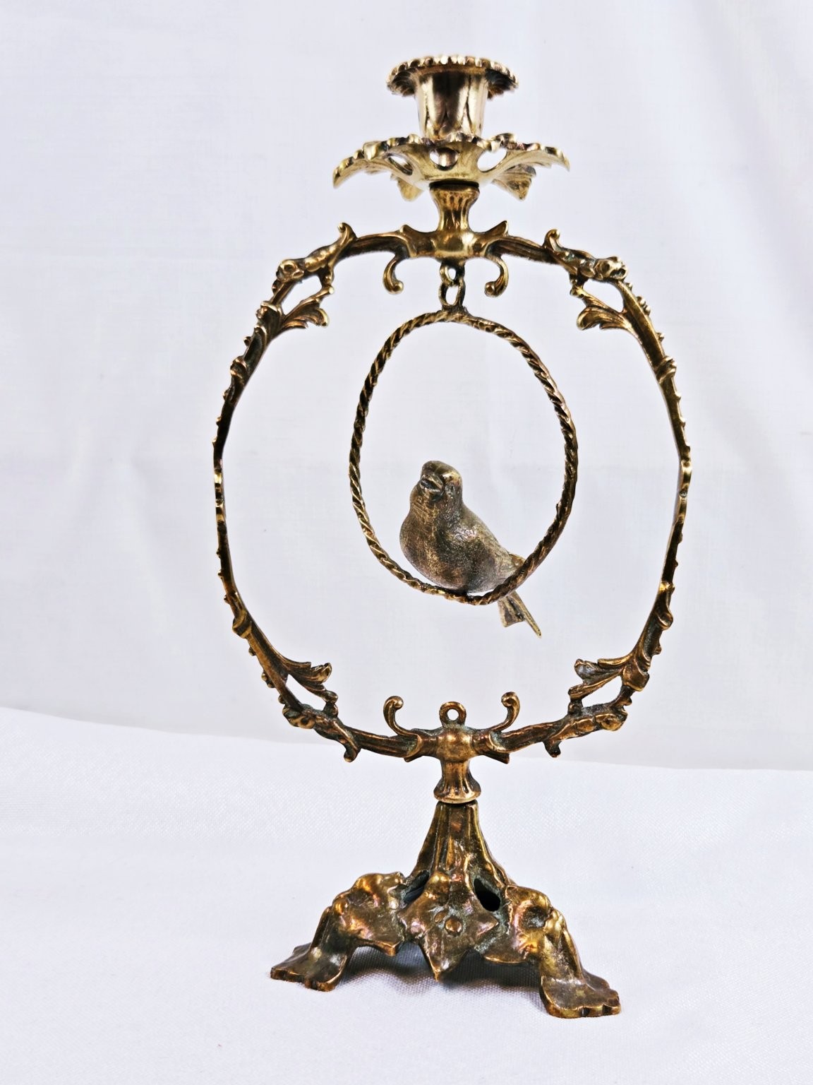 Vintage Victorian Brass Candlestick Holder with Swinging Perched Bird Rare Find
