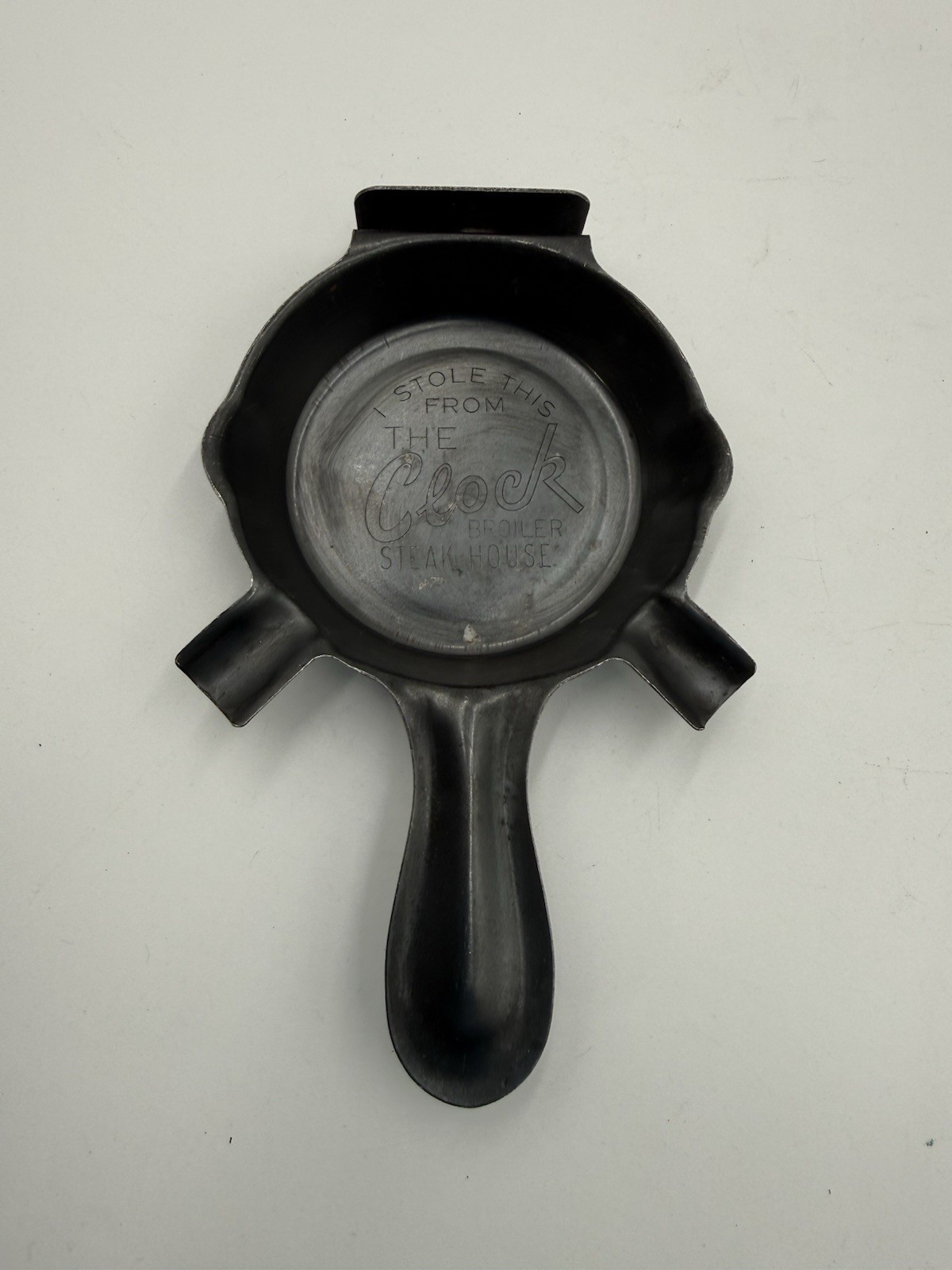 Vintage The Clock Broiler Steak House Metal Ashtray – “I Stole This” Retro