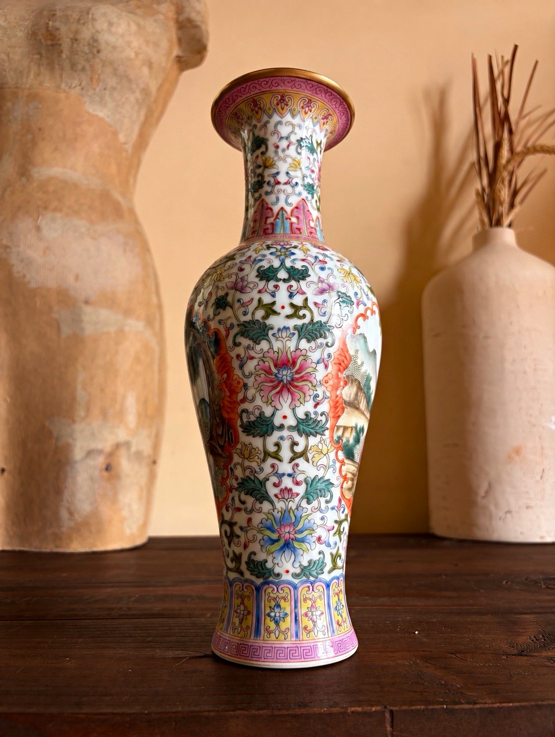 Vintage Chinese Famille Rose Porcelain Vase Figural Floral 11.5” Red Seal Mark