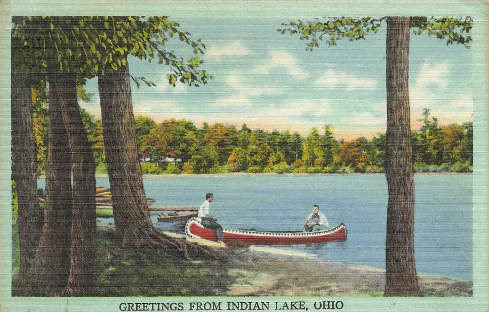 Indian Lake, Ohio Rare Linen Postcard Greetings From Canoe Boat Scenic View Indian Lake, Ohio Rare Linen Postcard Greetings From Canoe Boat Scenic View