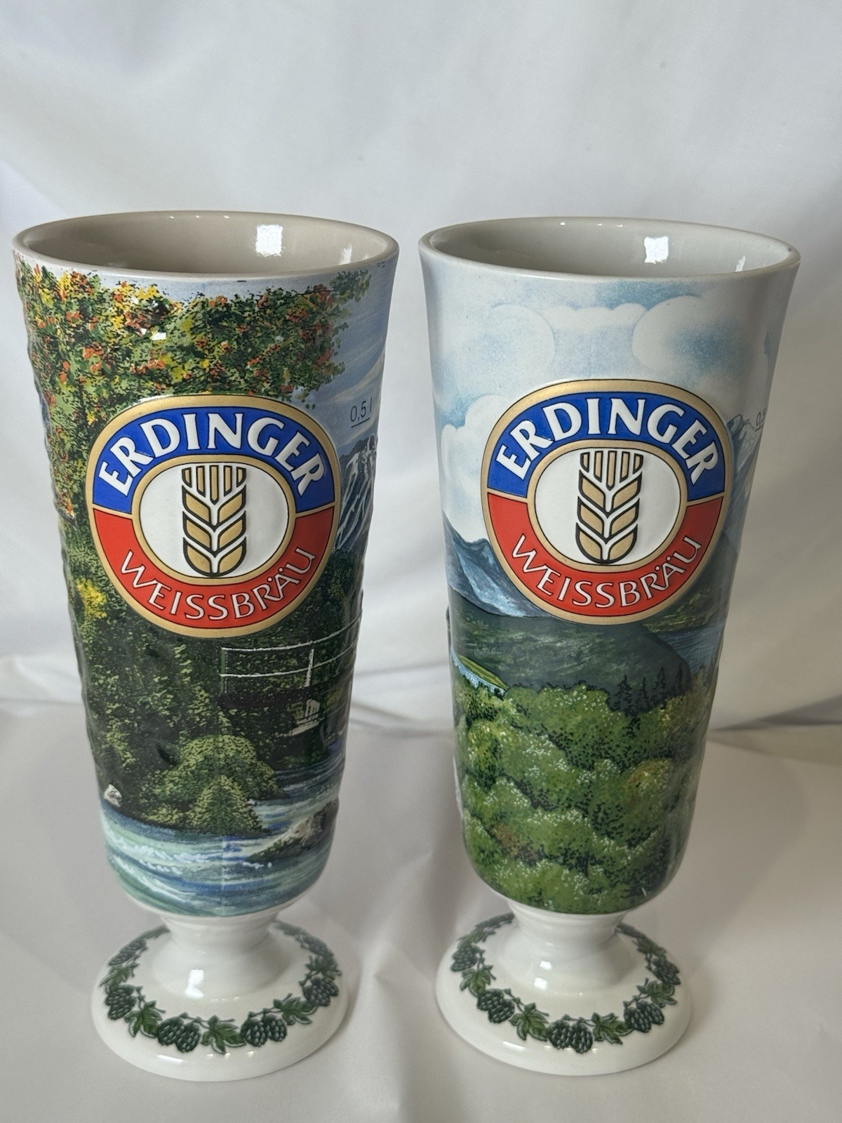 Vintage 1989 Erdinger Weissbrau Ceramic Beer Glasses Kossinger 0.5L Pair