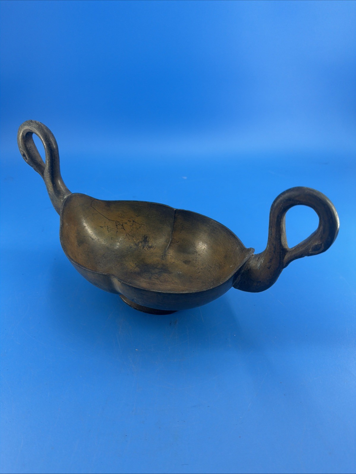 Vintage MCM Double Swan Handle Solid Brass Planter Bowl Dish Footed Base