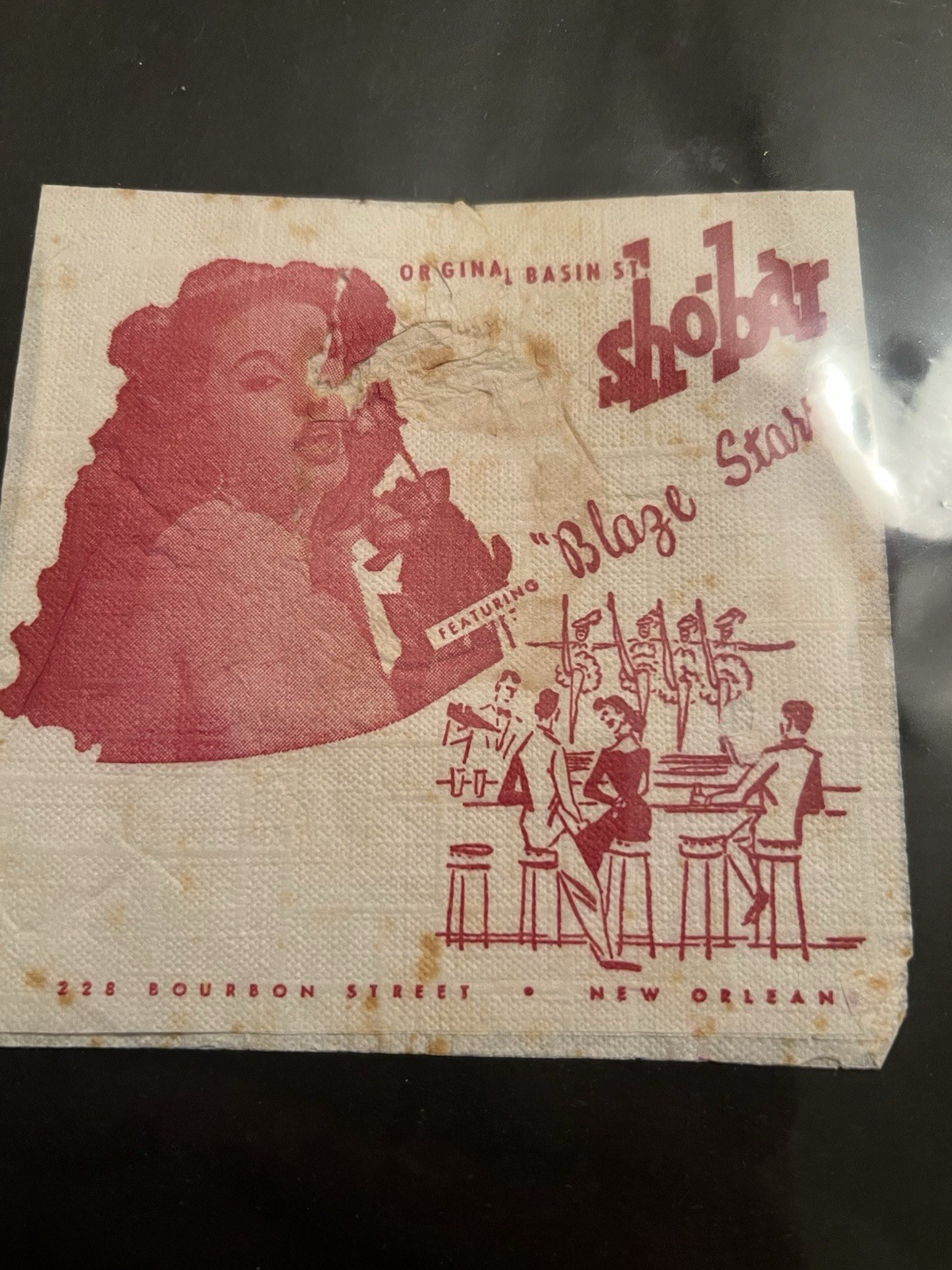 VINTAGE 1950\'S Blaze Starr SHO\'BAR NEW ORLEANS NIGHT CLUB COCKTAIL NAPKIN Used VINTAGE 1950\'S Blaze Starr SHO\'BAR NEW ORLEANS NIGHT CLUB COCKTAIL NAPKIN Used