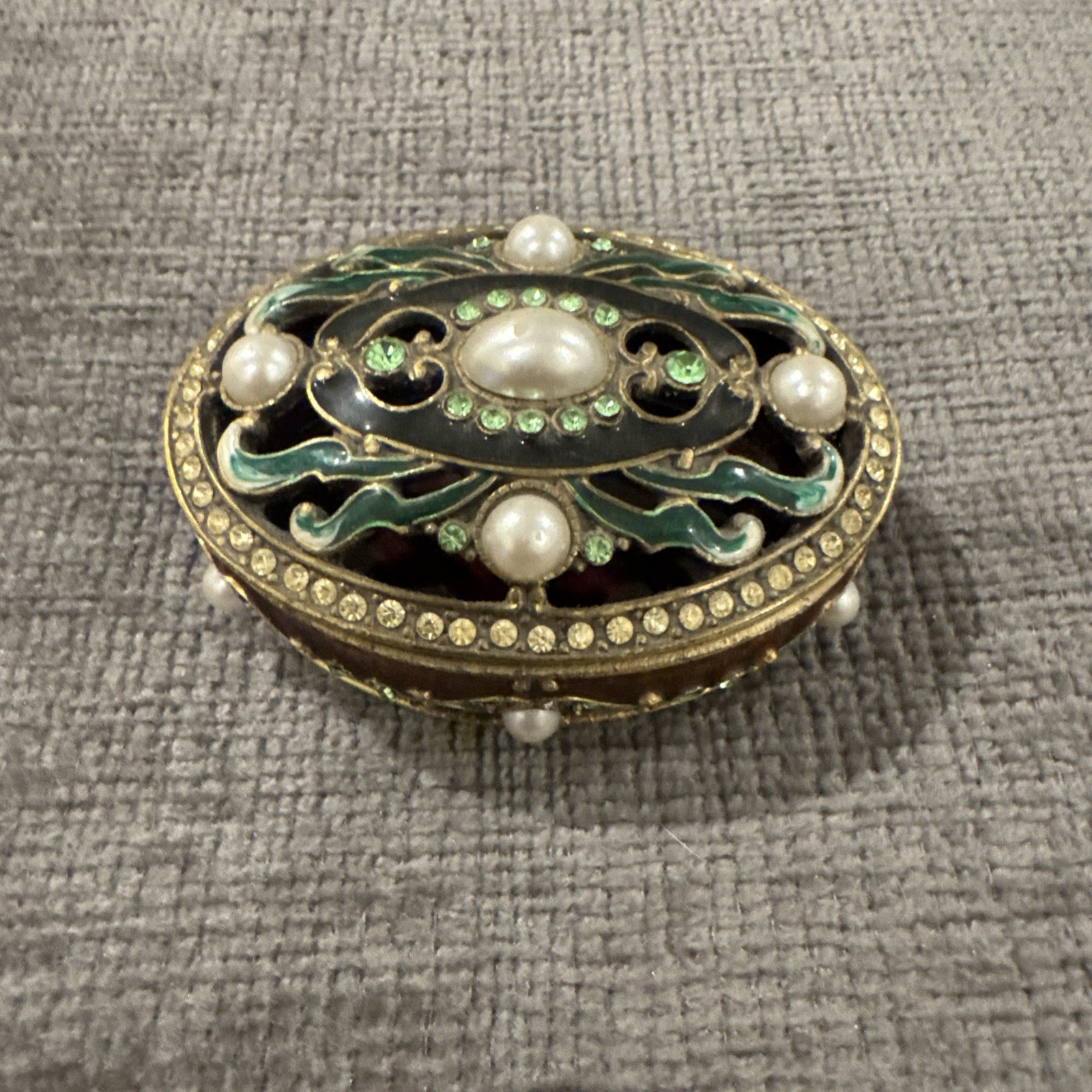 Vintage Jeweled Trinket Box Faux Pearl Rhinestone Enamel Oval Gold Tone
