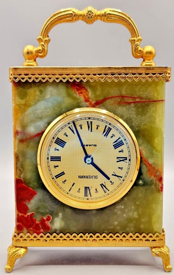 Silverhorn Quartz Mantel Clock Green Onyx Brass Lion Feet Neoclassical Art Deco Silverhorn Quartz Mantel Clock Green Onyx Brass Lion Feet Neoclassical Art Deco