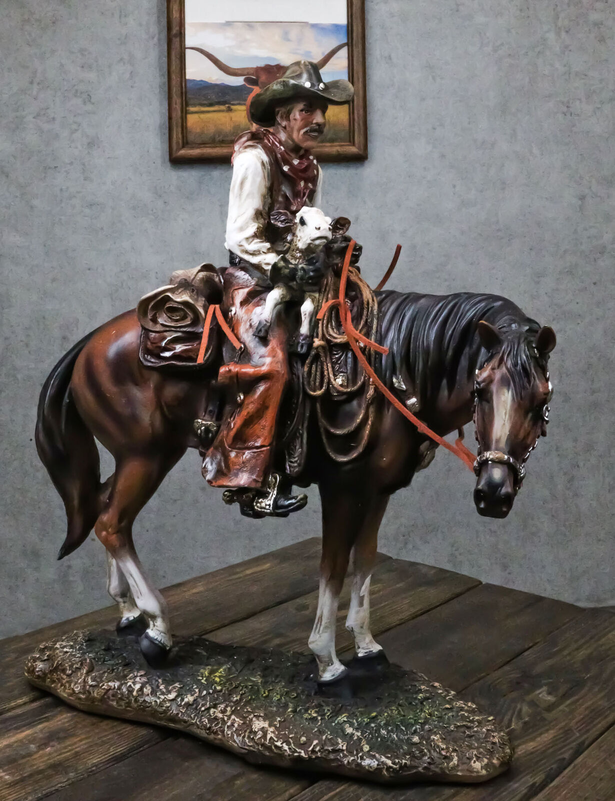 Western Desert Cowboy On Saddleback Riding Brown Stallion Horse Figurine