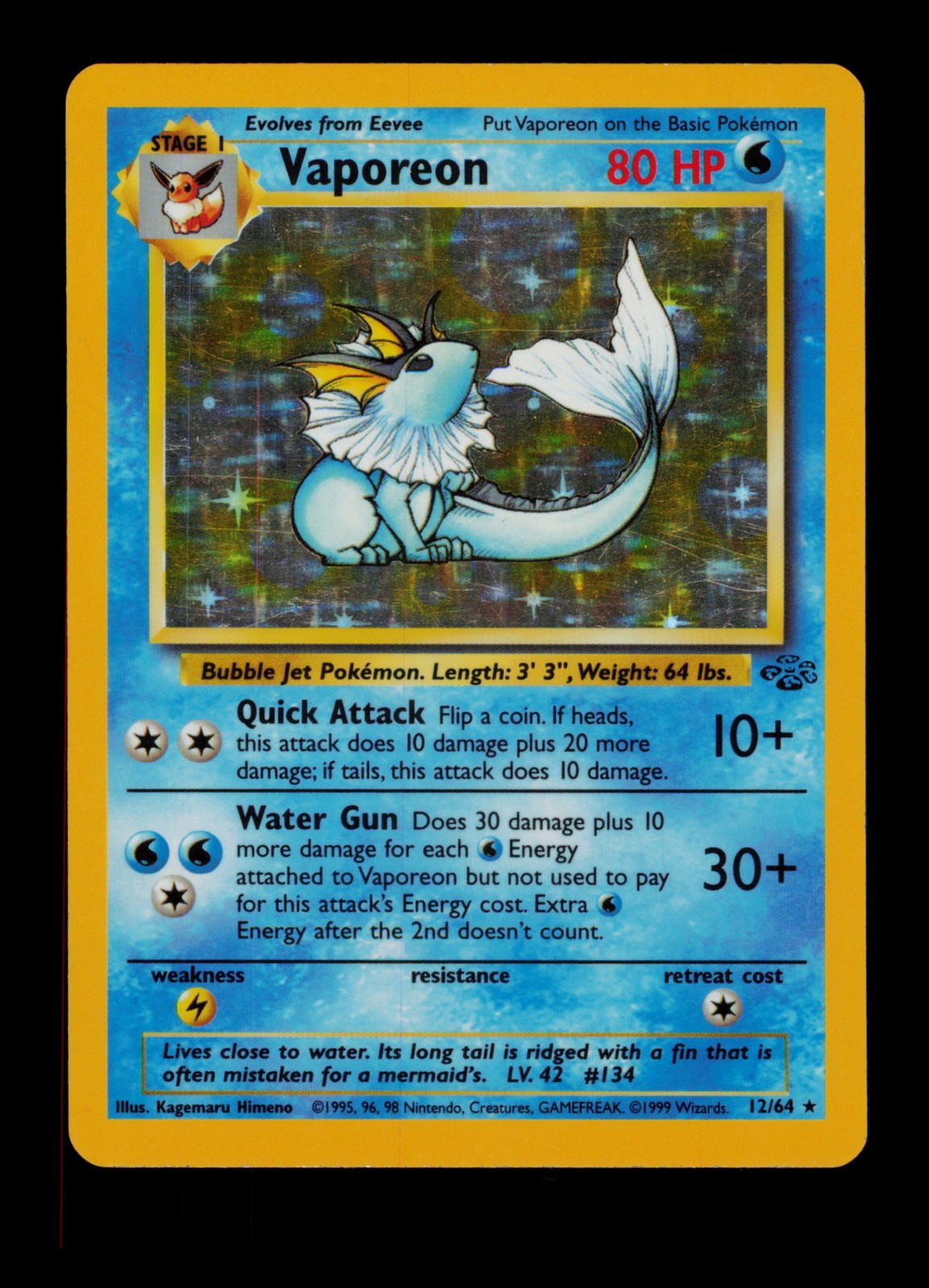 Vaporeon 12/64 Jungle 1999 Pokémon Holo Trading Card TCG Vaporeon 12/64 Jungle 1999 Pokémon Holo Trading Card TCG