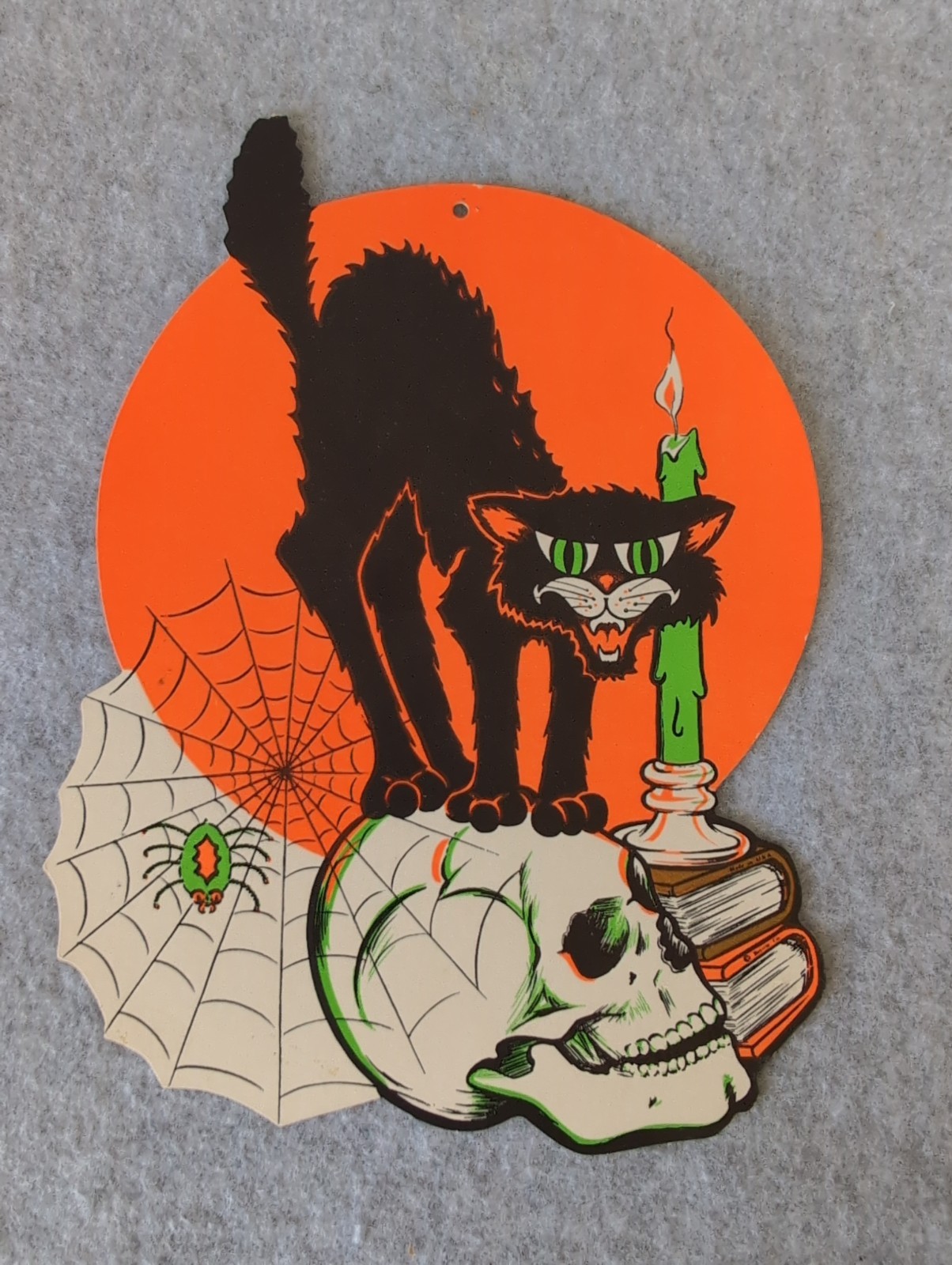 Vintage Beistle Halloween die cut - Black CAT skull SPIDER web