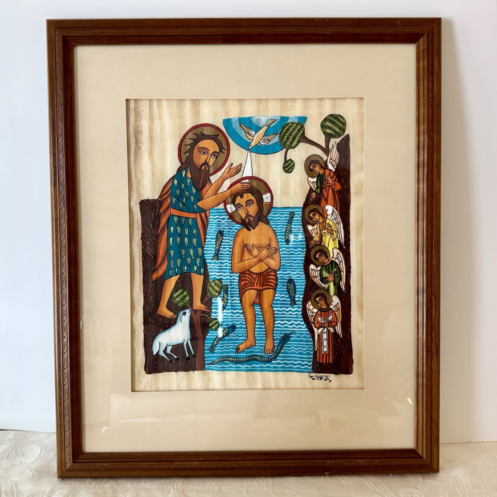 VTG Ethiopian Painting Baptism of Christ Papyrus Signed Framed Christian MCM Art
