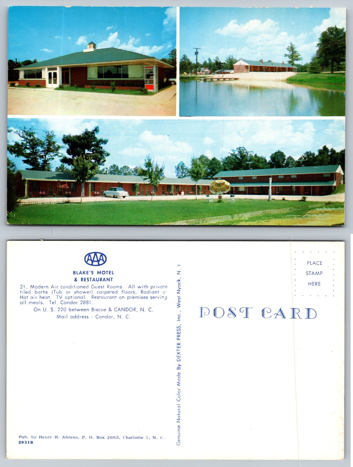 Blakes Motel Restaurant Candor NC Pond View Postcard