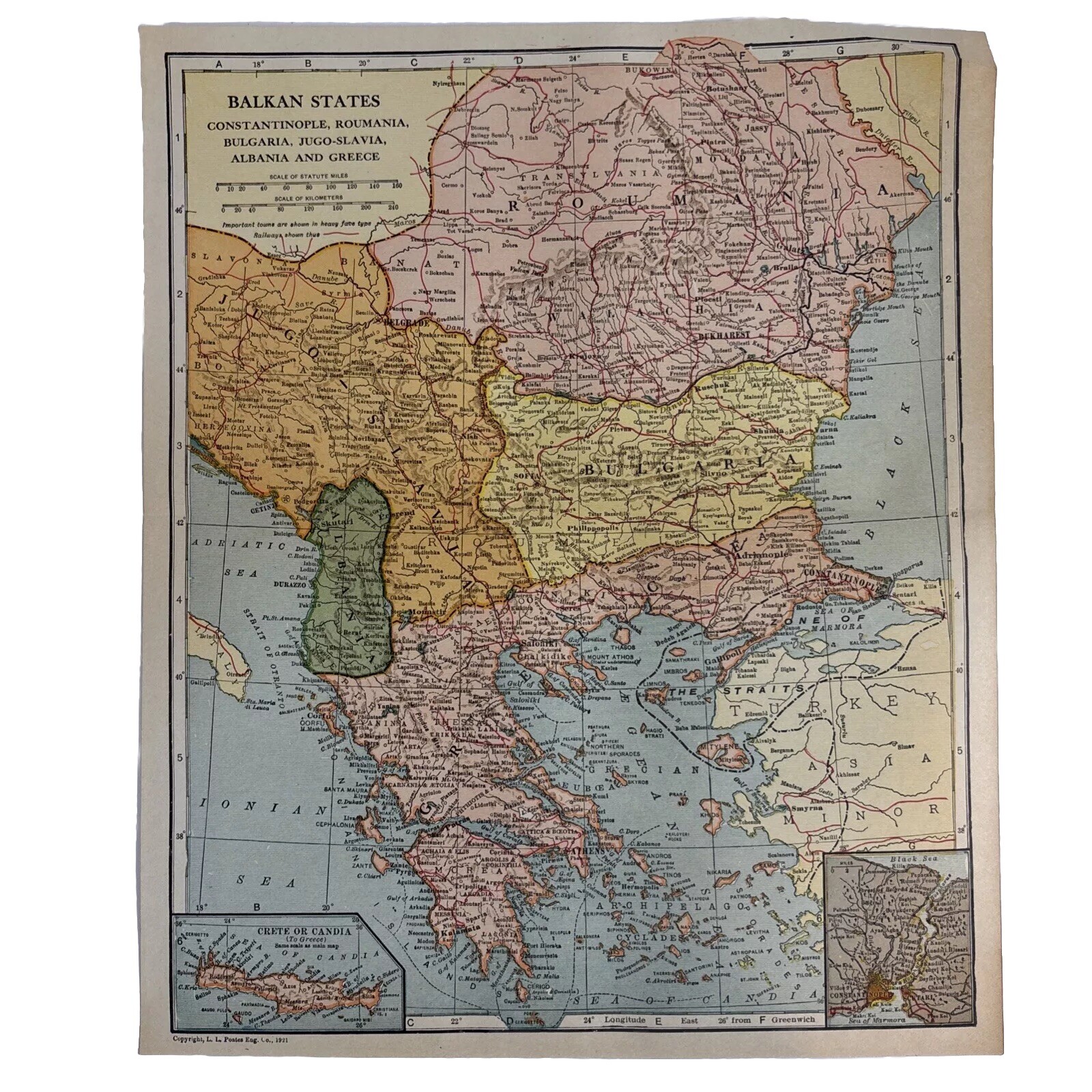 Original 1921 Balkan States Bulgaria Roumania Jugo-Slavia Albania World map Original 1921 Balkan States Bulgaria Roumania Jugo-Slavia Albania World map