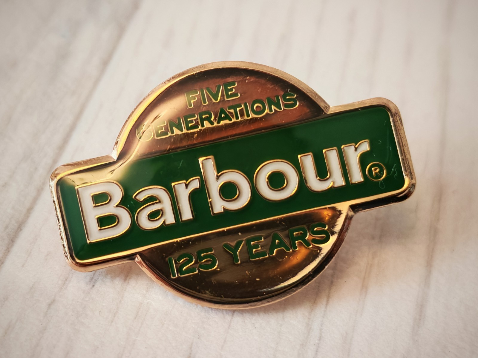 NEW BARBOUR Green Five Generatons 125 Years Bar Lapel Classic Pin Badge Enamel