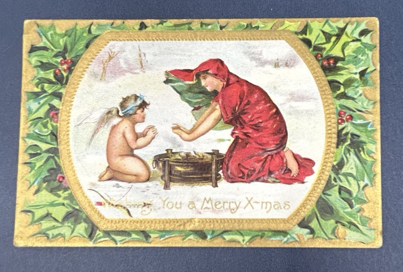 Antique Embossed Christmas Postcard Angel Woman Warming Hands Fire Alcan Moss NY Antique Embossed Christmas Postcard Angel Woman Warming Hands Fire Alcan Moss NY