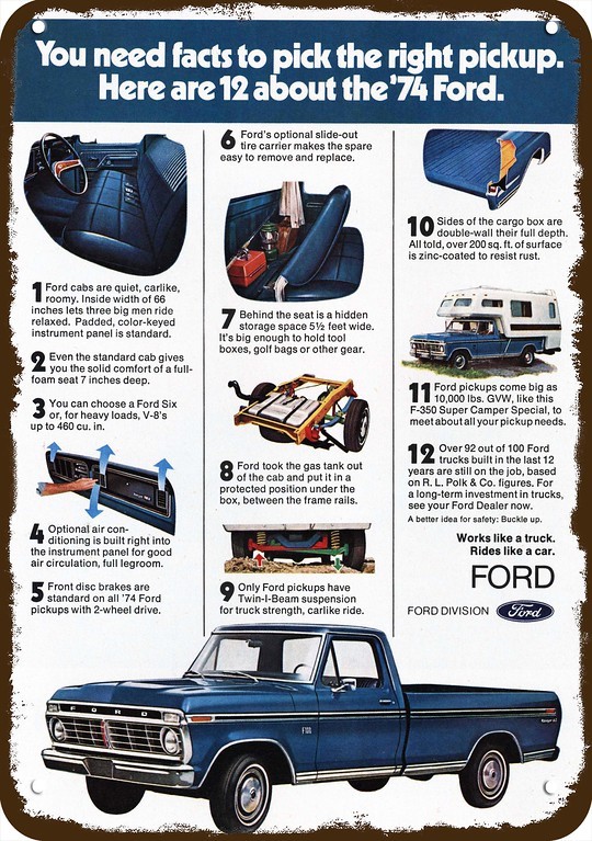 1974 FORD F100 PICKUP TRUCK & F-350 Super Camper DECORATIVE REPLICA METAL SIGN 1974 FORD F100 PICKUP TRUCK & F-350 Super Camper DECORATIVE REPLICA METAL SIGN
