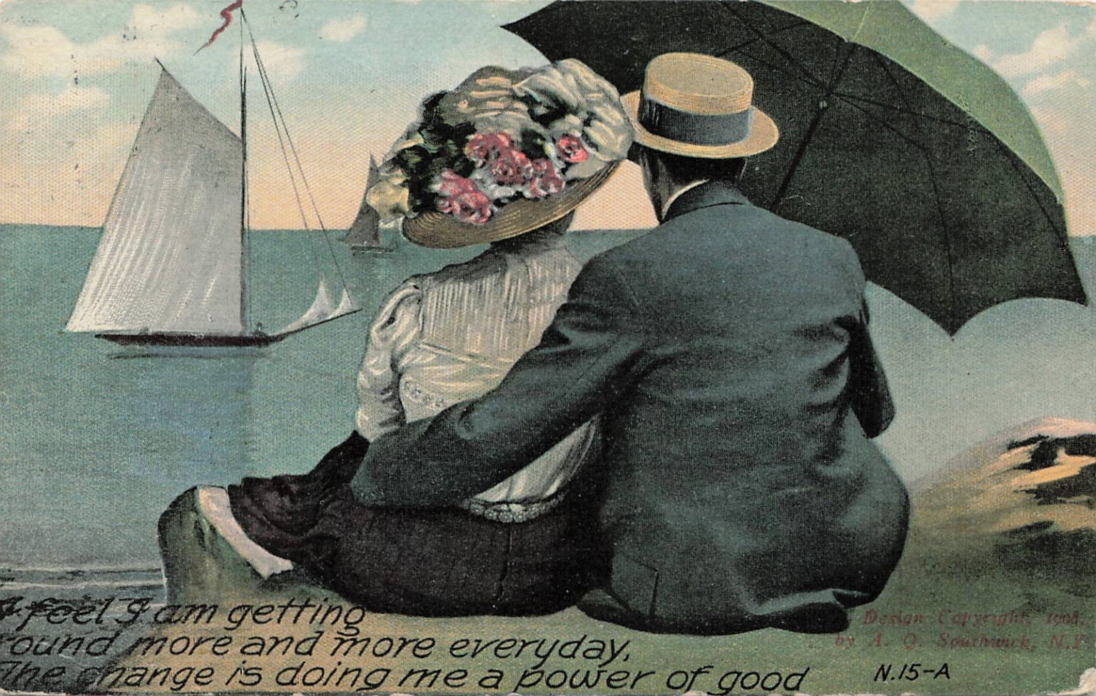 1909 Edwardian Couple Sailboats Ocean Postcard A.O. Southwick Art N.15-A
