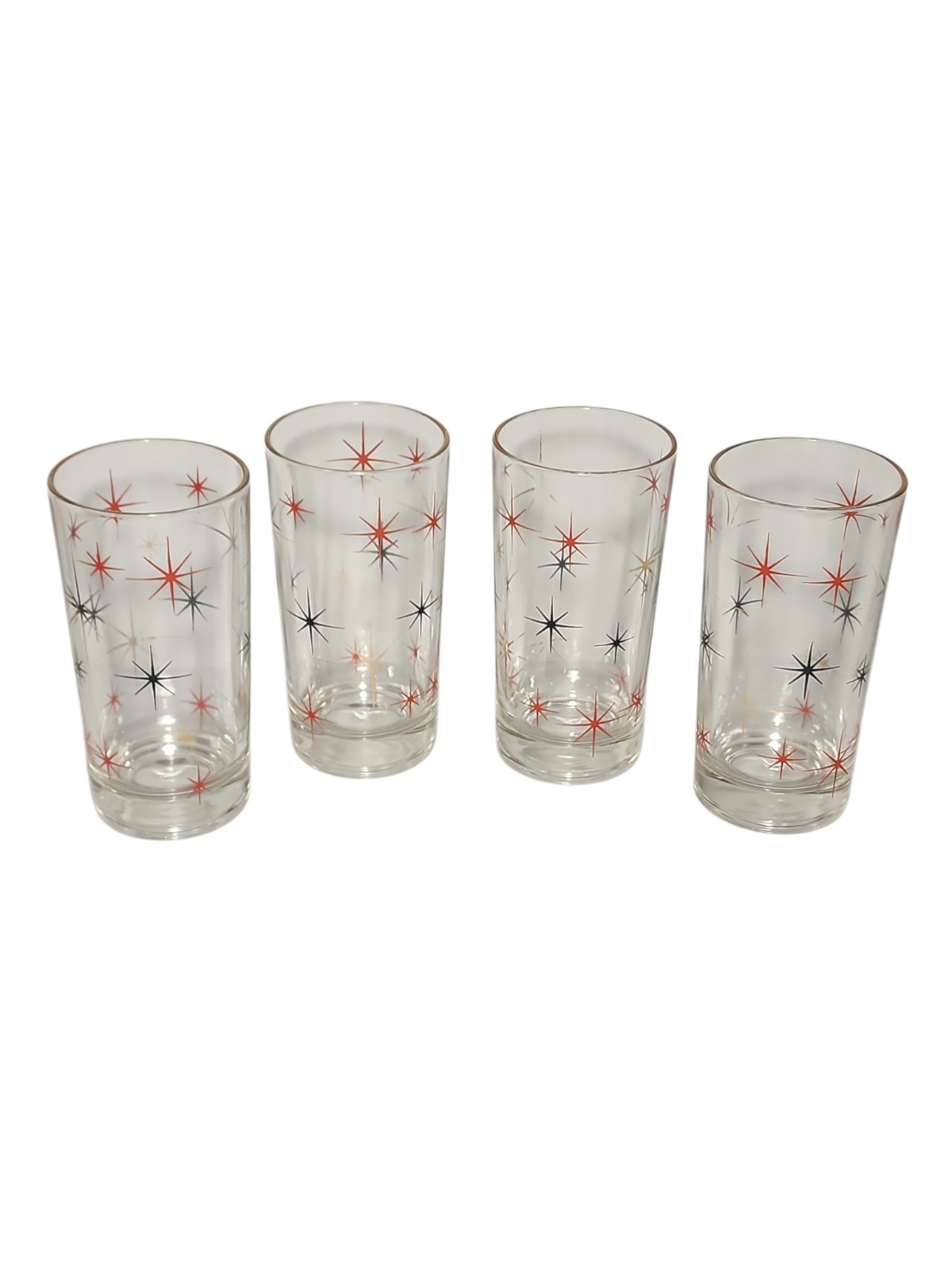 Set of 4 Vintage Retro Atomic Starburst Glass Tumblers Red Black Gold 5.5\ Set of 4 Vintage Retro Atomic Starburst Glass Tumblers Red Black Gold 5.5\