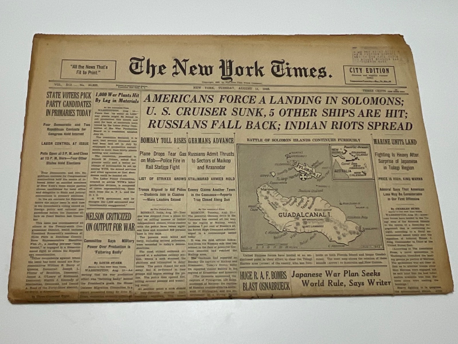 1942 New York Times GUADALCANAL Marines Landing Solomon Islands WWII Aug 11
