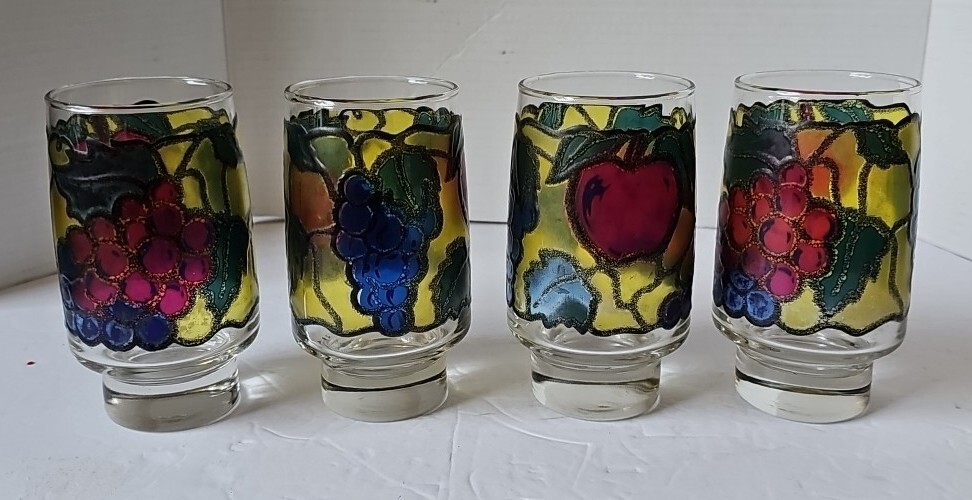 Set Of 4 Vintage 60's Libbey Stained Glass Tumblers Stackable Juice Glasses 5.5
