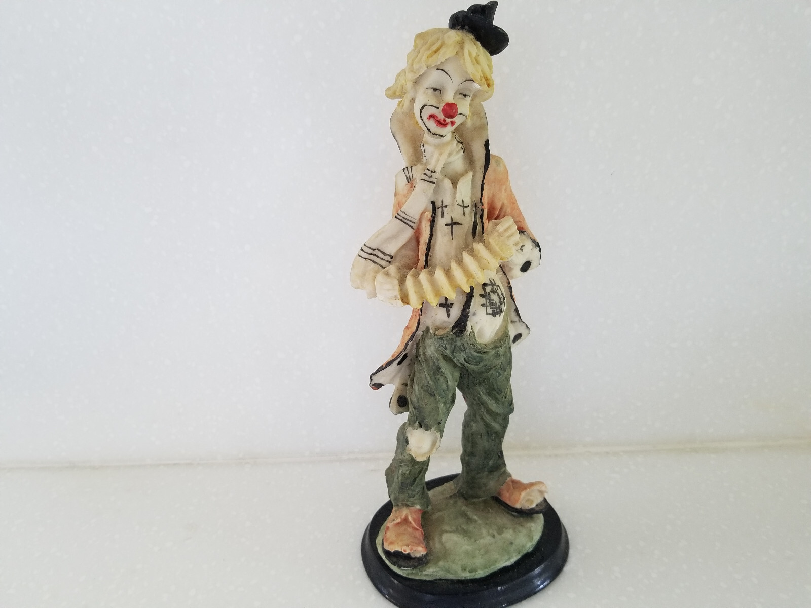 Vintage Hobo Clown Playing Accordion Resin Statue Figurine on Wood Base 11\