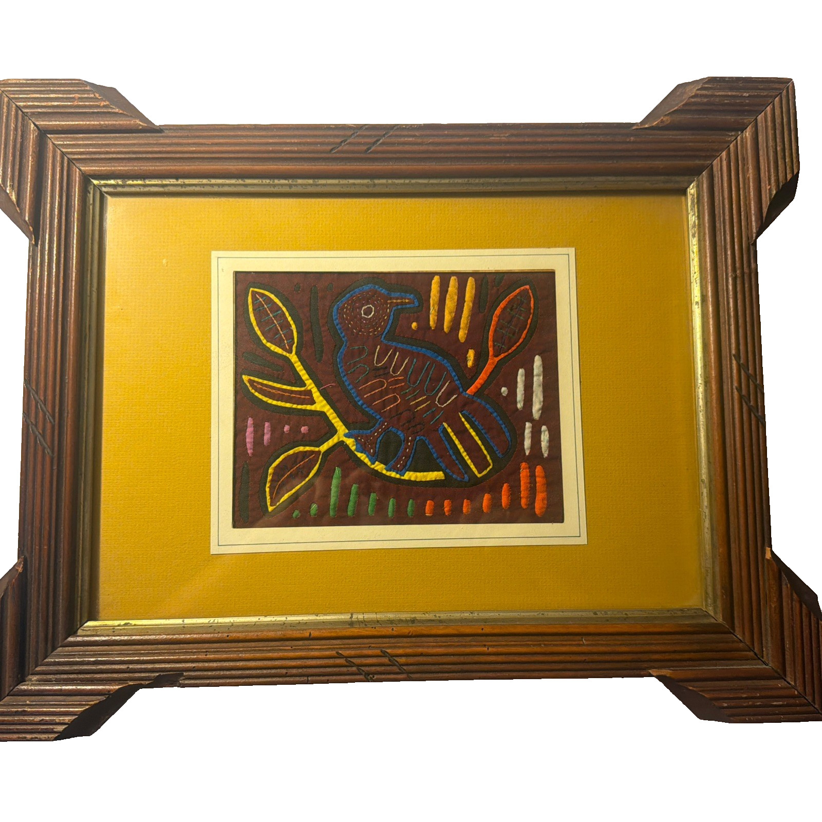 Vintage Kuna Indian Panama Mola Textile Bird Branch Matted Framed Folk Art Vintage Kuna Indian Panama Mola Textile Bird Branch Matted Framed Folk Art