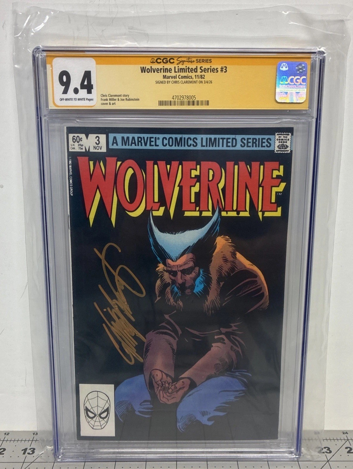 Wolverine Limited Series #3 1982 CGC SS 9.4 NM Chris Claremont Signed Orange ink Wolverine Limited Series #3 1982 CGC SS 9.4 NM Chris Claremont Signed Orange ink