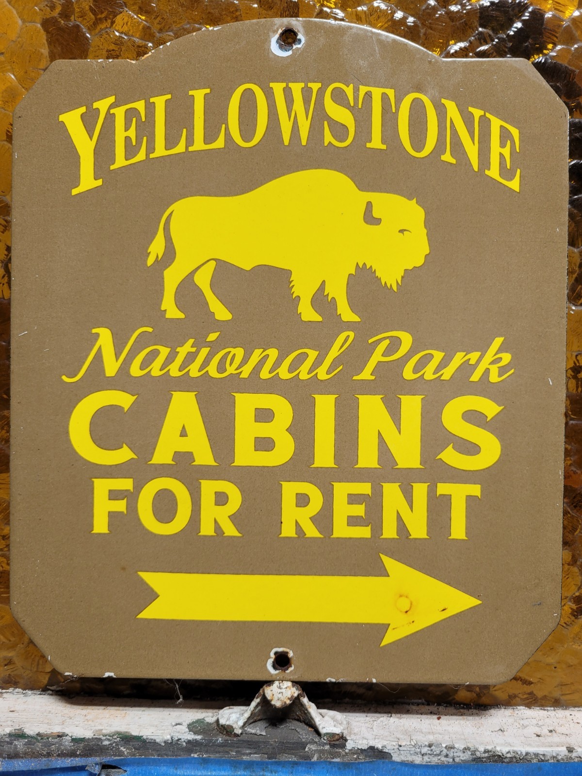 VINTAGE YELLOWSTONE PORCELAIN SIGN OLD NATIONAL PARK CABIN FOR RENT BISON 12