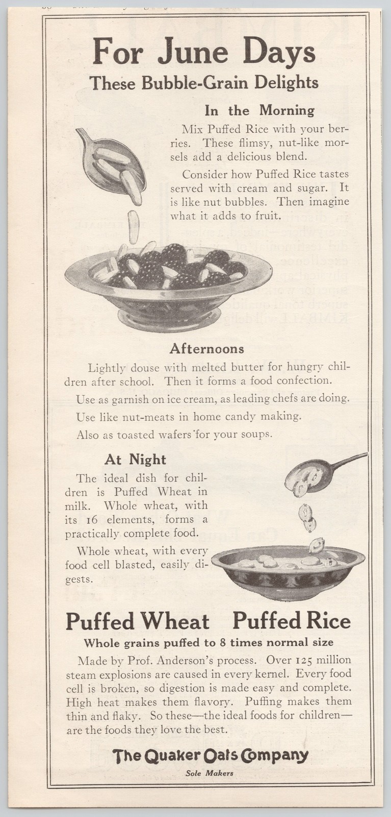Puffed Wheat Rice Quaker Oats Bubble Grain Foods June Days 1922 Print Ad Puffed Wheat Rice Quaker Oats Bubble Grain Foods June Days 1922 Print Ad