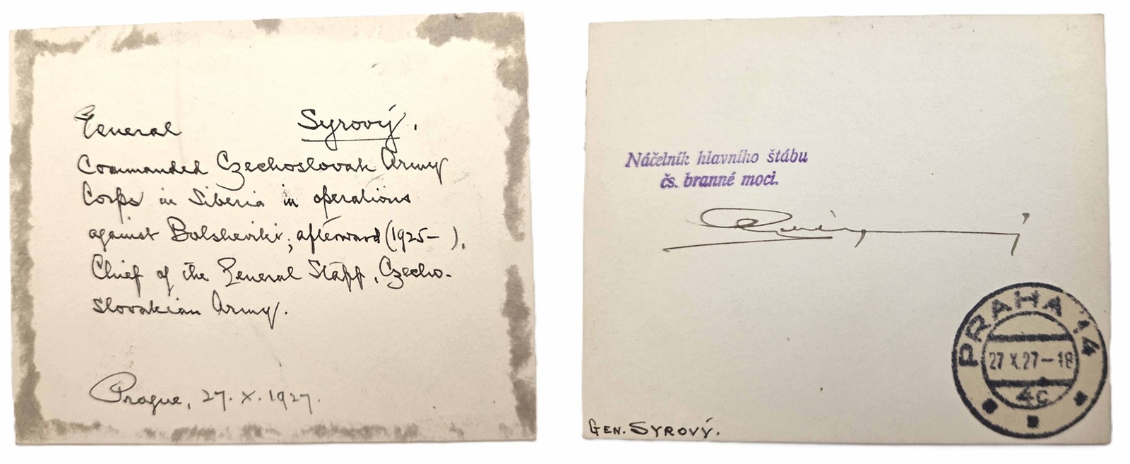 1927 antique GEN. JAN SYROVY CZECHOSLOVAK ARMY signed AUTOGRAPH card praha