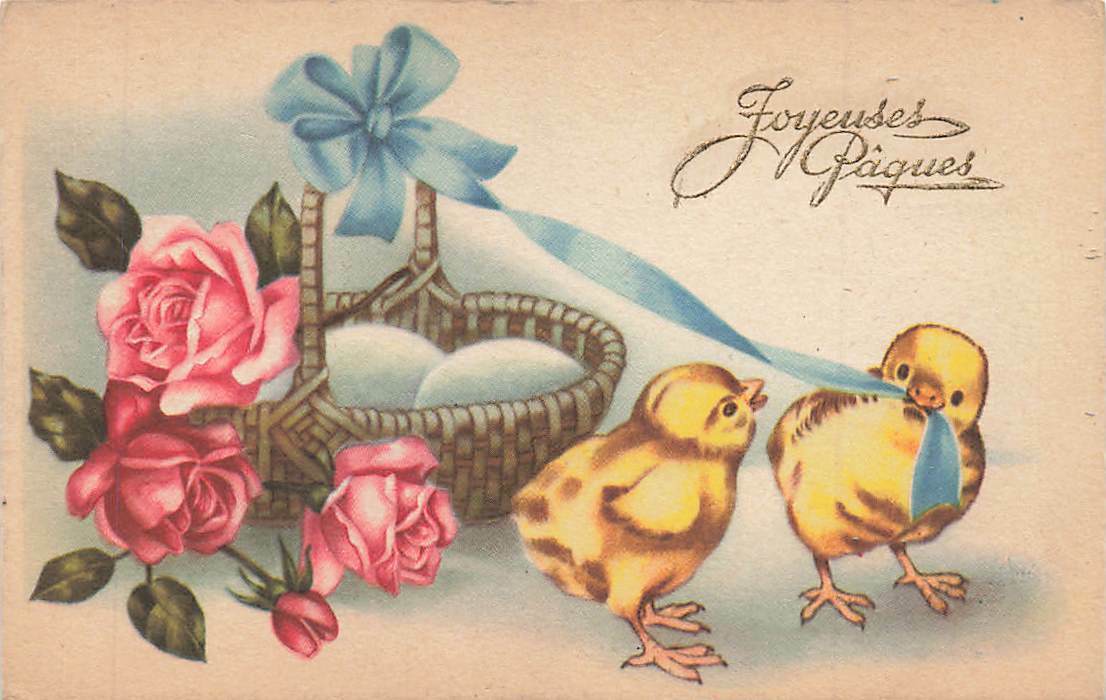 c1915 Fantasy Chicks Pink Roses Basket Eggs France Easter P349 c1915 Fantasy Chicks Pink Roses Basket Eggs France Easter P349