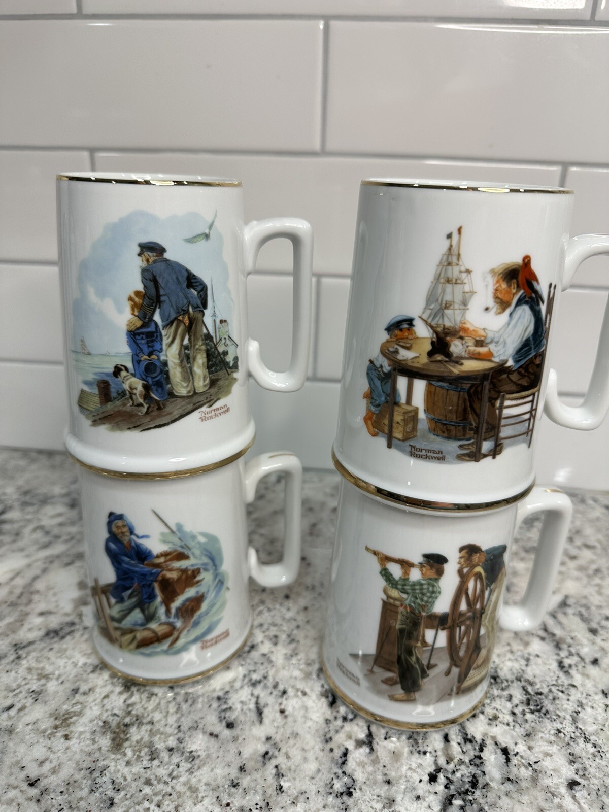 Vintage 1985 Norman Rockwell The Seafarers Collection Porcelain Stein Mugs Set 4