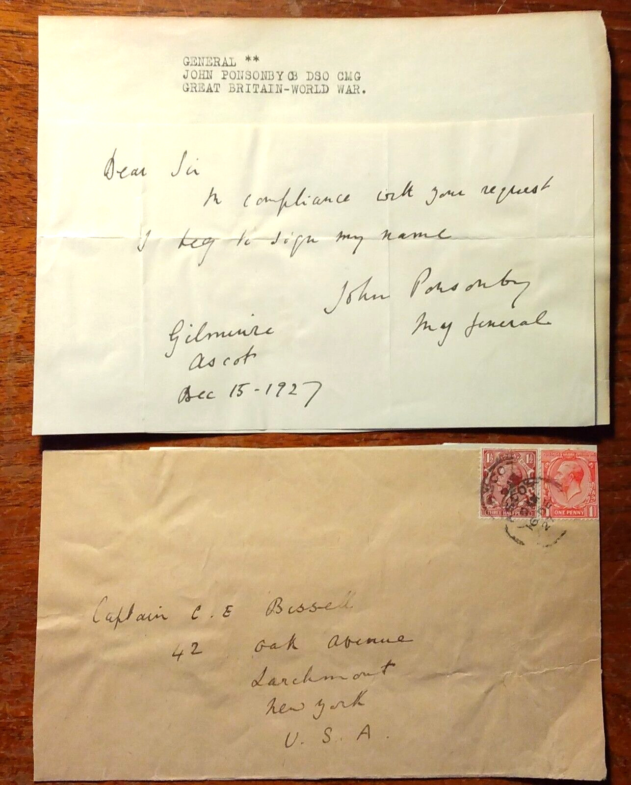 Major General Sir John Ponsonby (1866-1953) Signed & Inscribed Note