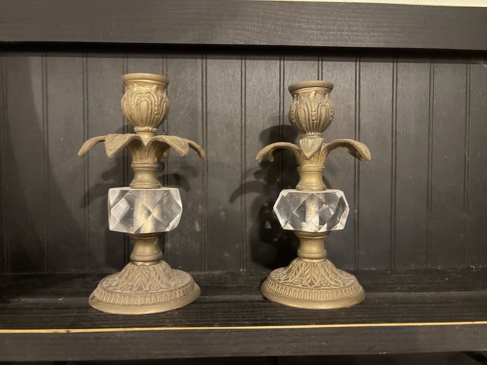 Antique Hollywood Regency Style Gold Cast Brass Candlestick Holders Pair