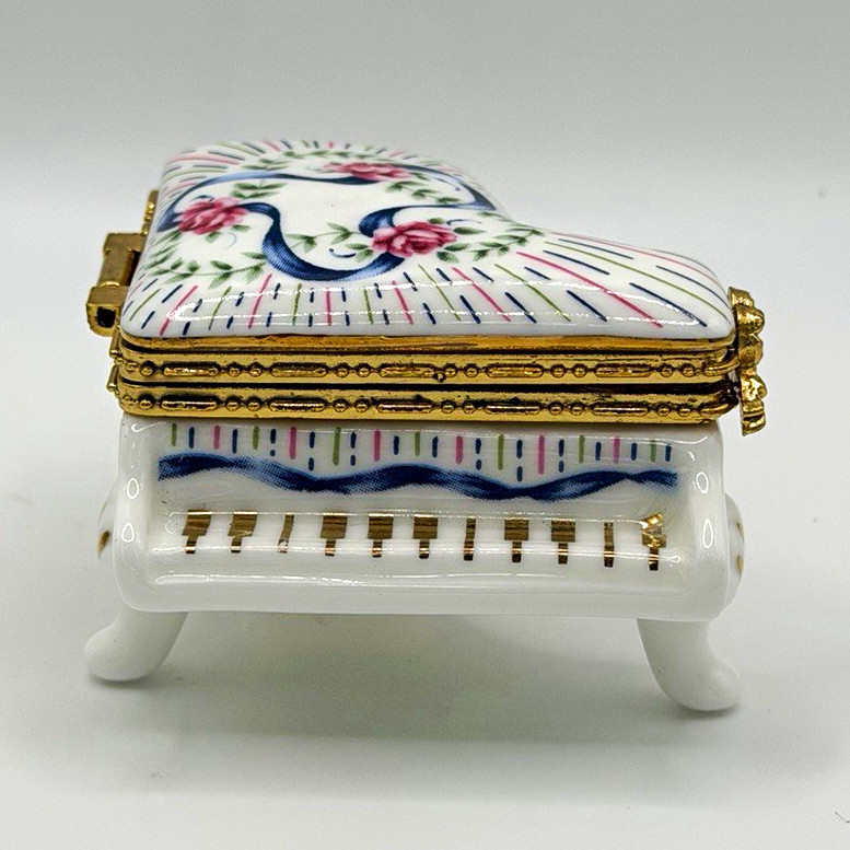 Lefton Piano Shaped Hinged Trinket Box w/ Floral Lid & Mirror Inside