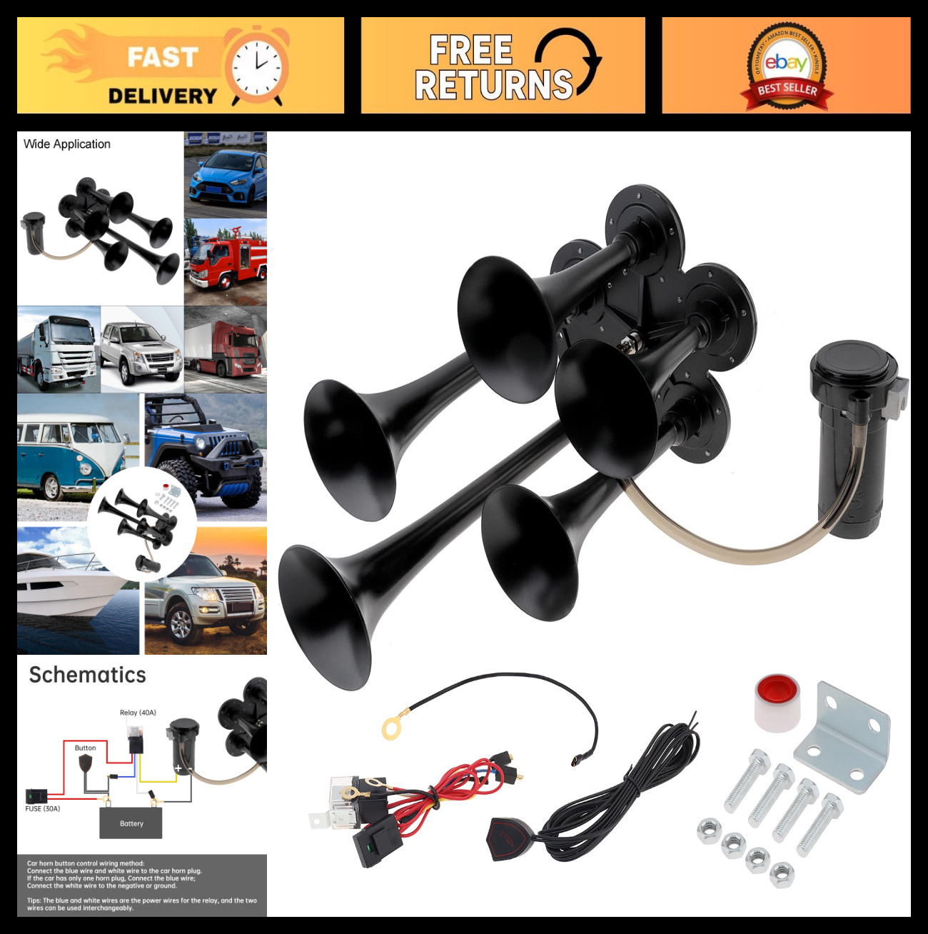 Super Loud 185dB Train Horn Kit for Trucks, Cars & Boats - 5 Trumpets & Compress Super Loud 185dB Train Horn Kit for Trucks, Cars & Boats - 5 Trumpets & Compress