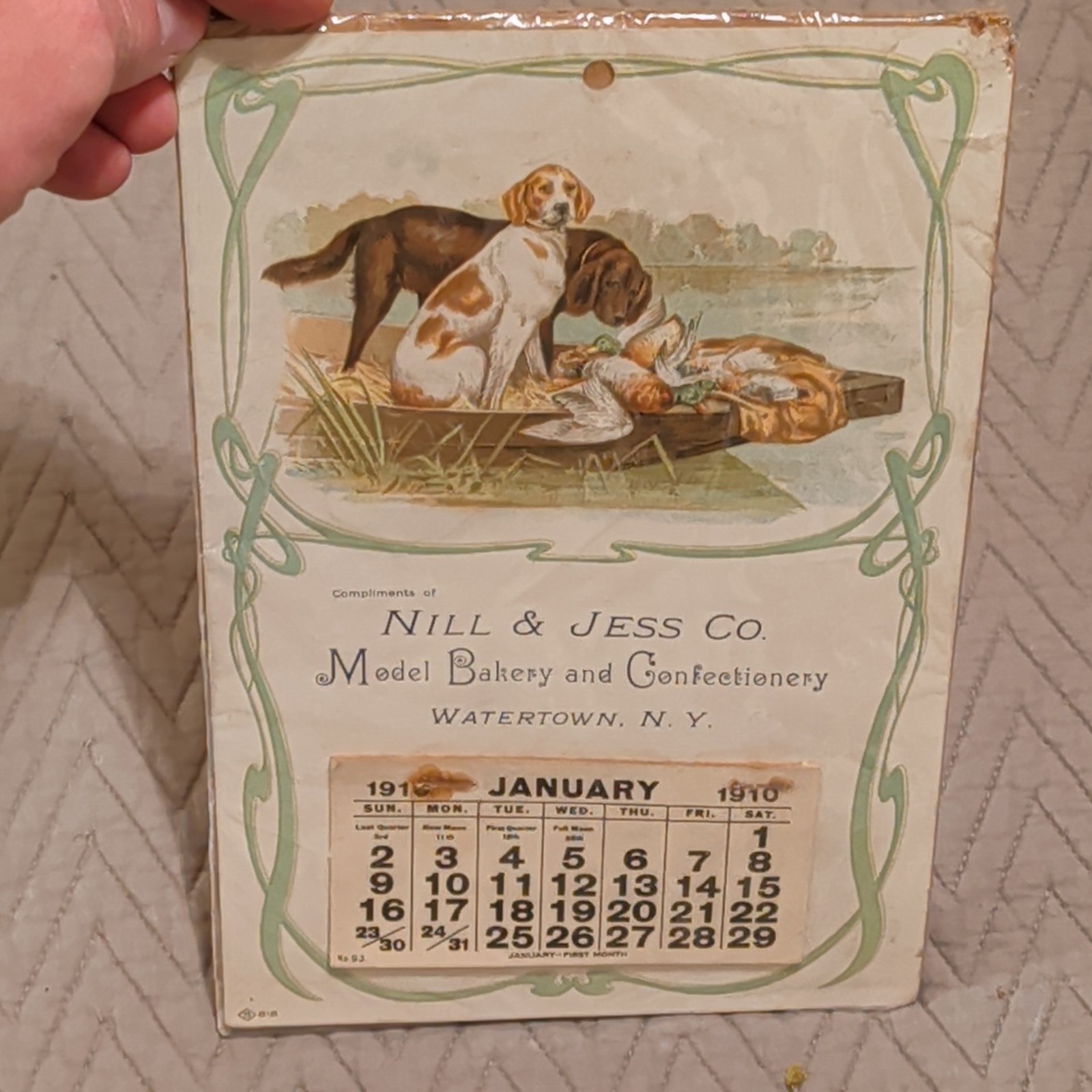 1910 Antique Advertising Calendar Hunting Dogs Ducks Watertown NY Nill & Jess
