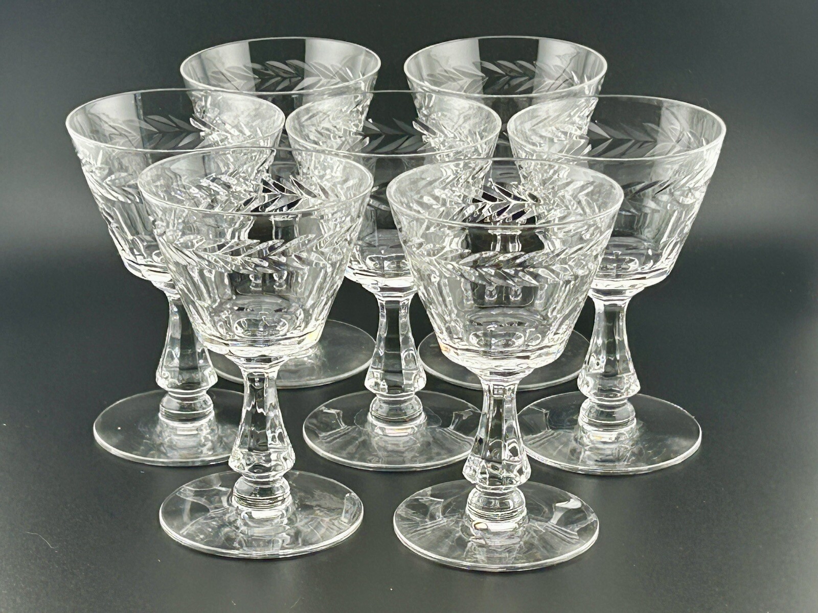 7 Seneca Laurel Cut Crystal Cordial Wine Glasses 4½″ Hand Blown 1910s Antique