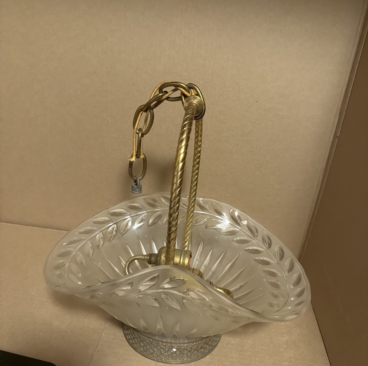 Antique Frosted & Clear Glass Hanging Ceiling Fixture & Brass 1920-40s France