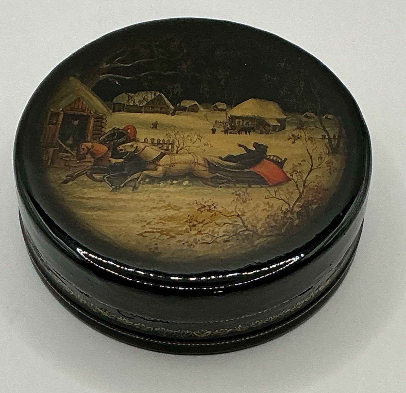 Antique 19thC Imperial Russian Lacquer Box Vishnyakov Troika Oil Painting Mache
