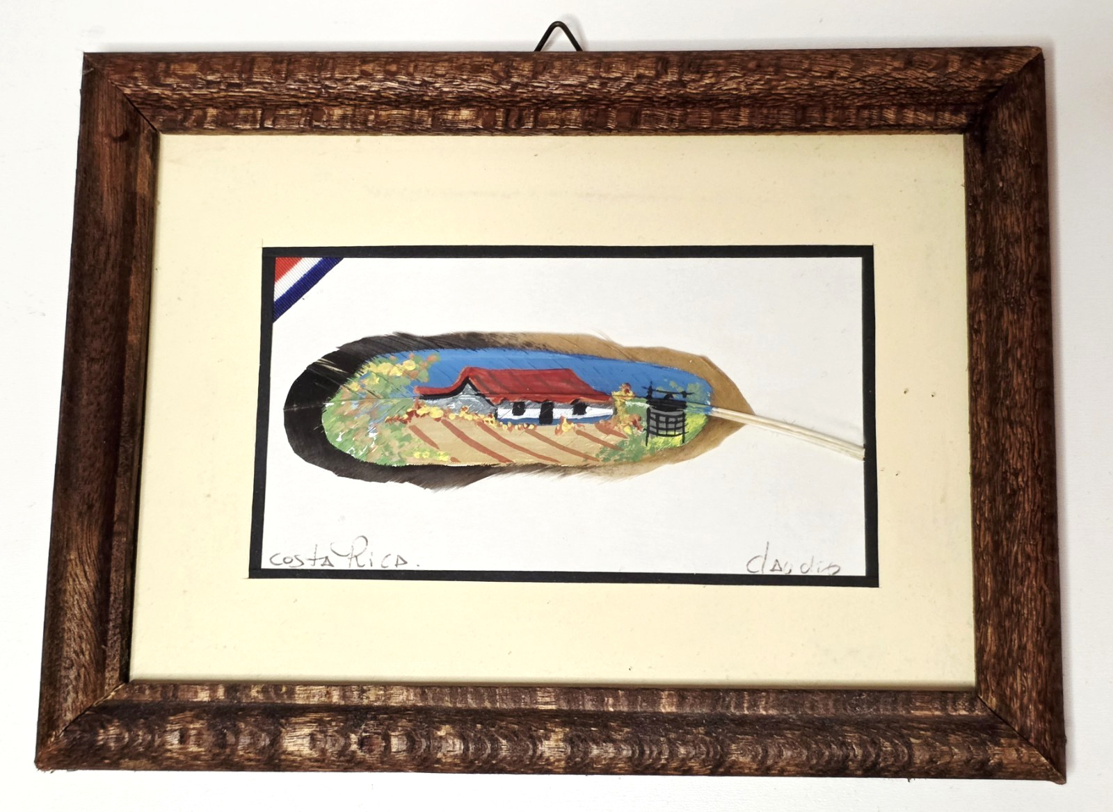 Hand Painted Feather Artist Signed Costa Rica Framed w Ribbon Folk Art 8x6 Vtg Hand Painted Feather Artist Signed Costa Rica Framed w Ribbon Folk Art 8x6 Vtg