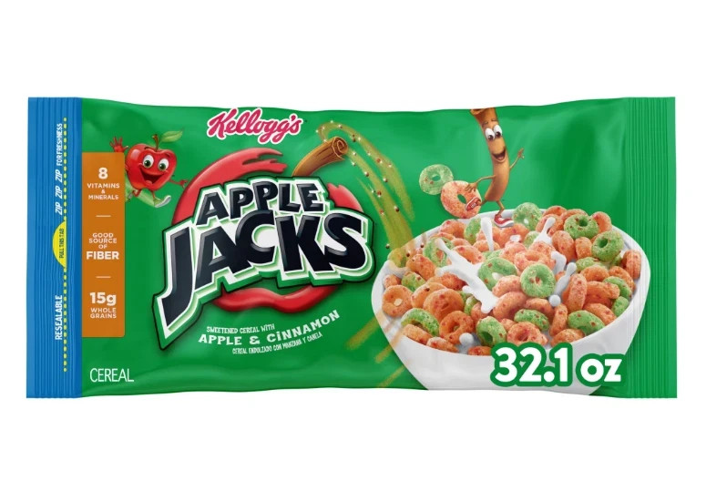 Kellogg's Apple Jacks Breakfast Cereal, Good Source of Fiber Bag, 32.1 oz