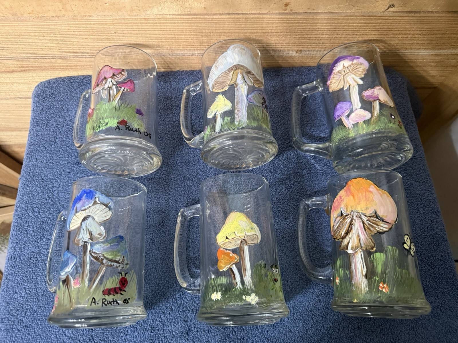 6 Handpainted Mushroom Glasses. Signed A. Ruth. Vintage. Cottage Core Aesthetic