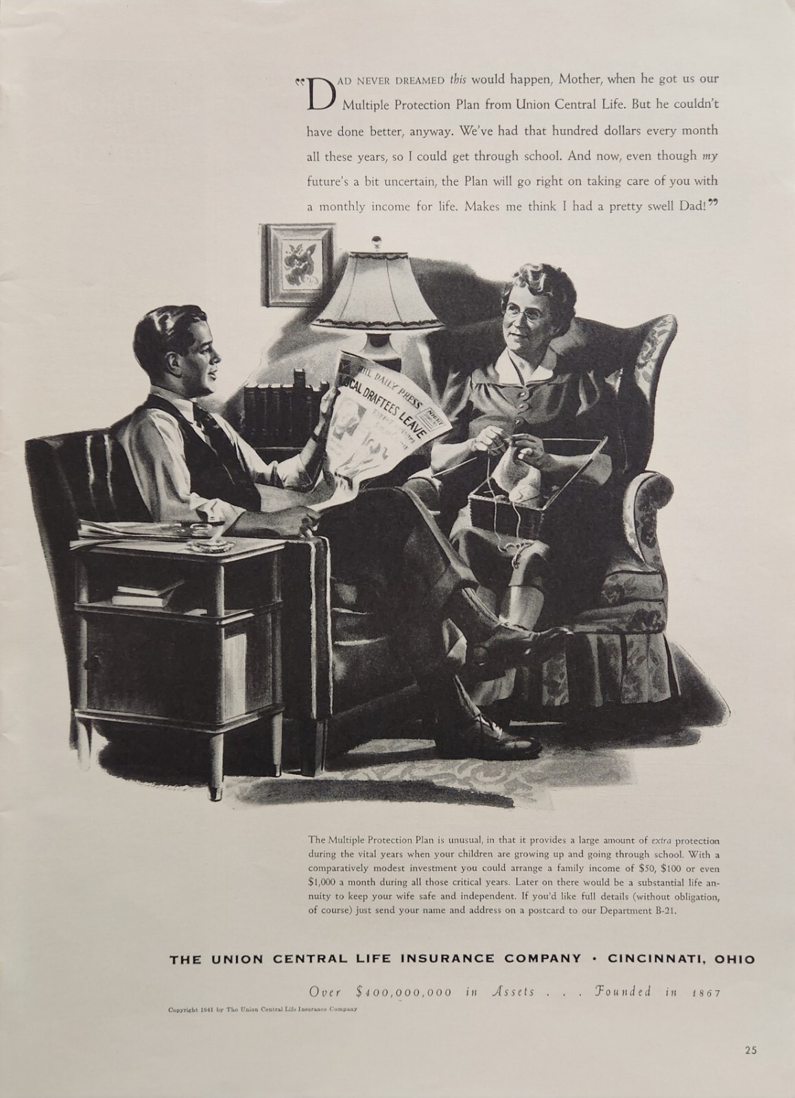 1941 Union Central Insurance Print Ad Vintage Ephemera Wall Art Decor