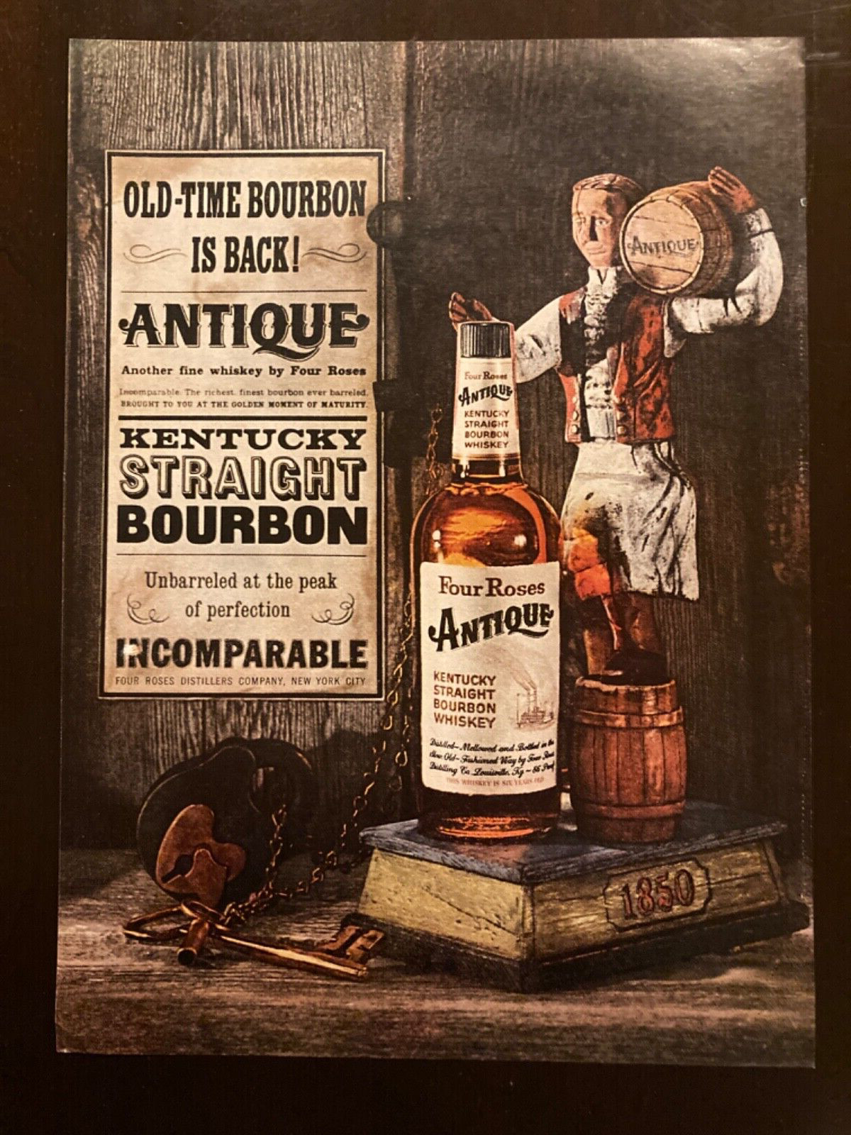 1954 Four Roses ANTIQUE Whiskey bottle vintage Time Magazine ad