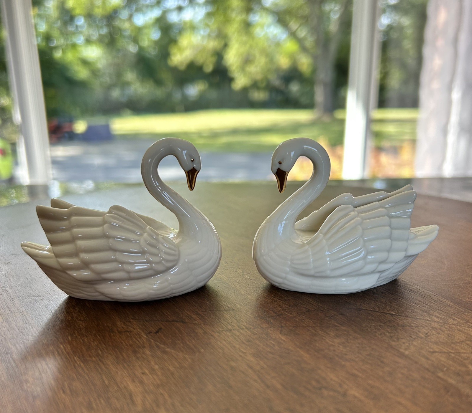 PAIR of Vintage Lenox Swan Figurines Gold Accent Cake Topper Place Card Holder