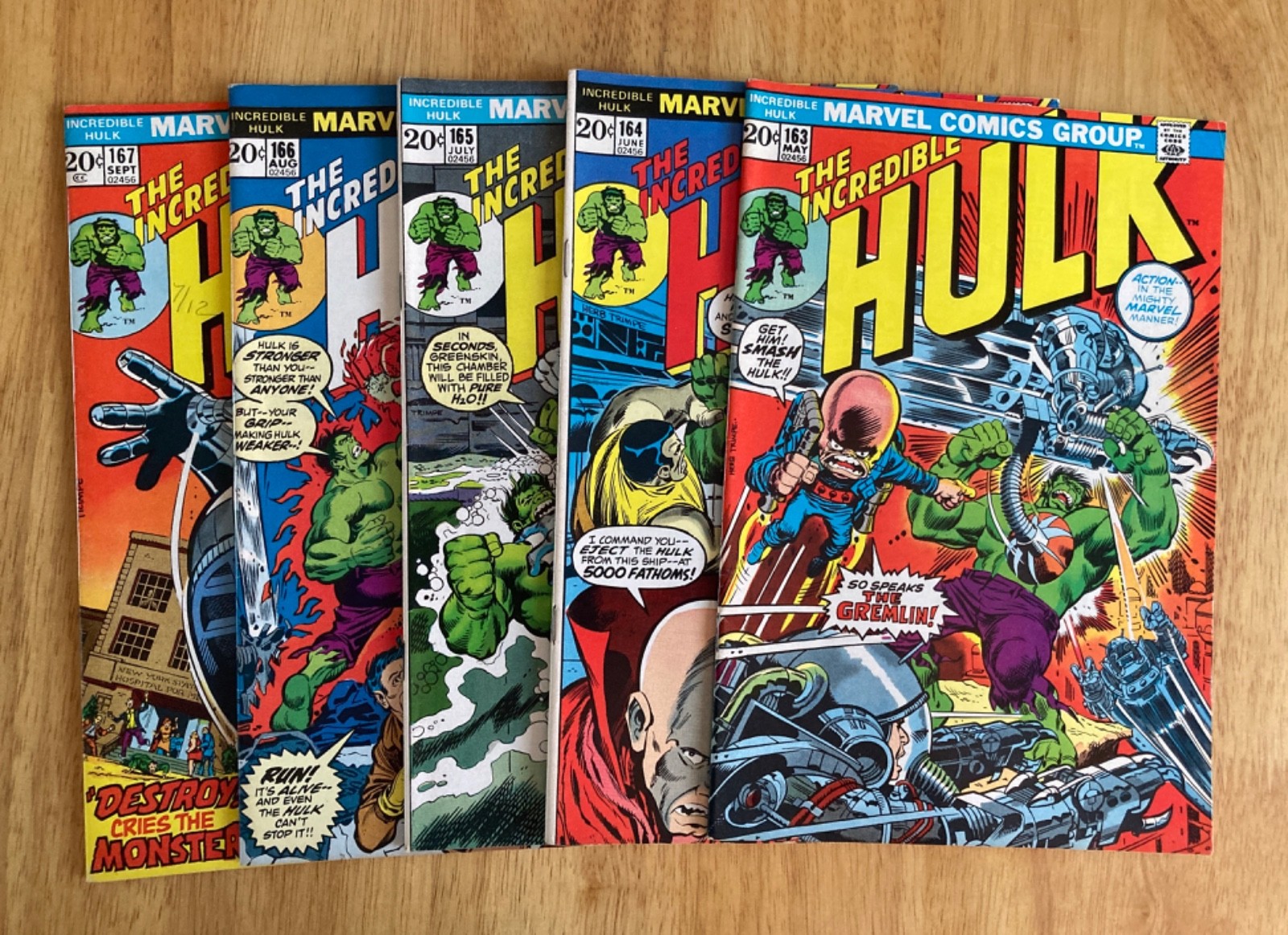 Run of *5* 1972 INCREDIBLE HULK #163-167 (4 VF-, 1 VF) Super Bright & Colorful