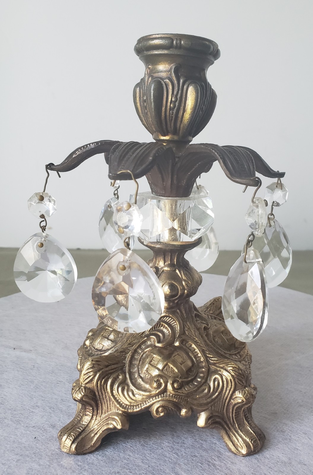 Vintage Brass Gold Ornate Candle Holder MCM Glass Prisms Hollywood Regency